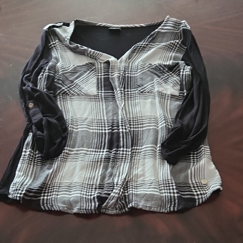 3 For $40 Point Zero Black & White Plaid Button-Down Shirt with Black Sleeves